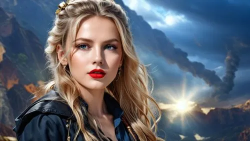 a young woman in a red lipstick and a mountain backdrop,morgause,lopilato,ronda,thorhild,shannara,thundra,Photography,General,Realistic