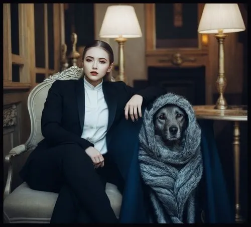 a woman sitting on a couch next to a dog,girl with dog,yasumasa,gothic portrait,graywolf,dorota,blixa,Photography,Artistic Photography,Artistic Photography 12