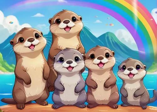 A group of otters watching a rainbow,otters,rainbow background,rainbow pencil background,corgis,kawaii animals,round kawaii animals,cute animals,rainbow bridge,shih tzu,pot of gold background,teddy be