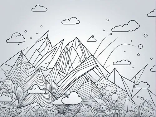 a landscape with mountains and clouds in a pink background,snowy peaks,snow mountains,cartoon video game background,mountains,snow mountain,mountain world,Illustration,Black and White,Black and White 