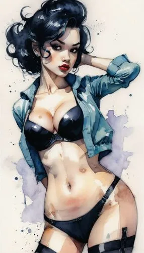 watercolor pin up,viveros,zatanna,retro pin up girl,asami,pin up girl,Conceptual Art,Fantasy,Fantasy 10