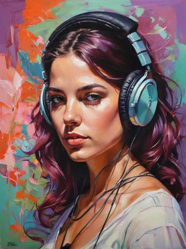 Portrait Painting of a woman with headphones by David de las Heras,listening to music,audiophile,headphones,headphone,music player,young woman,music,girl portrait,oil painting on canvas,audio player,l