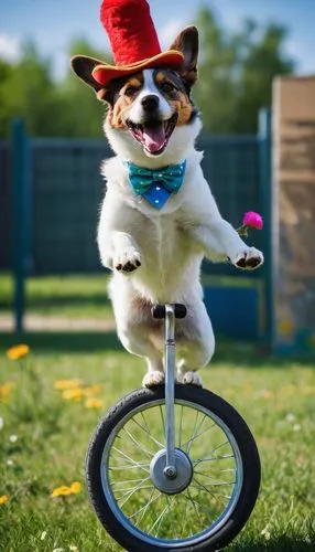 Dog, on a unicycle, circus performer, solo, happy face, floppy ears, brown fur, white paws, red nose, colorful costume, sparkly hat, holding handlebars, riding, balancing, street, outdoor, sunny day, 