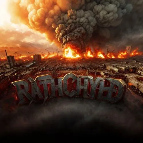 Hellscape ,a fire and smoke that is exploding into the sky with a large advertit,rathores,ratcatcher,ritchies,ruinous,rathborne,rheticus,ratcliff,rachol,rotchev,rathole,raichle,ratchford,retrenches,ra