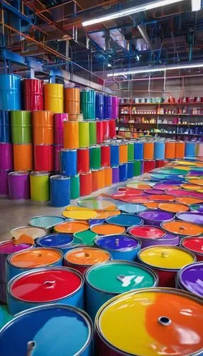 Modern industrial interior, PPG paints factory, architectural coatings HQ, large metal tanks, steel pipes, concrete floor, rows of paint cans, colorful paint swatches, bright overhead lighting, minima