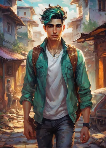 world digital painting,game illustration,portrait background,sci fiction illustration,jean jacket,green jacket,game art,cg artwork,gale,pedestrian,2d,wanderer,ryan navion,the wanderer,main character,blue-collar worker,a pedestrian,background images,teal digital background,digital painting,Illustration,Paper based,Paper Based 04