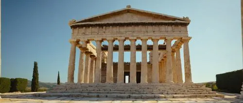 Ancient Greek temple, grandiose structure, ornate columns, intricate carvings, marble material, weathered texture, symmetrical composition, warm sunny day, soft natural light, 3/4 camera angle, shallo