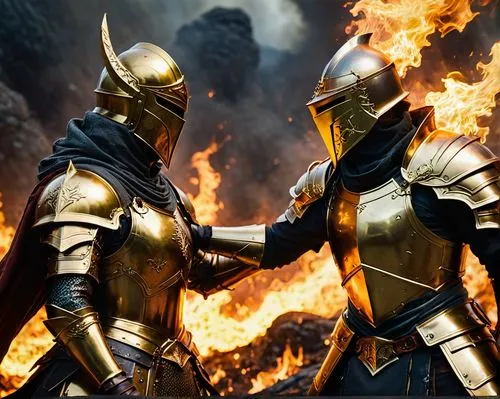 In the midst of a dense, earthy atmosphere, a golden knight and a black mage face off in fierce battle. Their armor is a deep, amber color, and the armor is smooth and polished. They are ready to lead