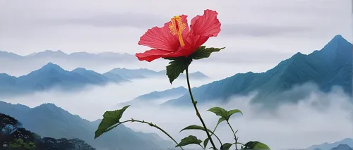 Imagine a painting of a solitary hibiscus against a backdrop of misty mountains.,opium poppies,turkestan tulip,opium poppy,guizhou,yunnan,huangshan maofeng,huangshan mountains,tibet,chinese art,flower