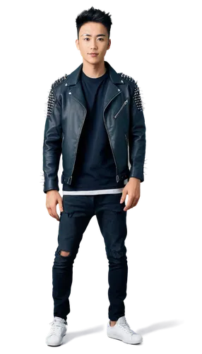 JDM, K-pop idol, solo, charismatic smile, sharp jawline, spiky black hair, bold eyebrows, stylish outfit, leather jacket, ripped jeans, sneakers, confident pose, one hand in pocket, urban background, 