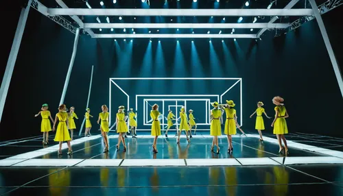 modern tv stage design,dance show,geometry,light,colour,neon,construction,mapping,structures,high-visibility clothing,choreography,mannequins,yellow light,mannequin silhouettes,partition,stage design,