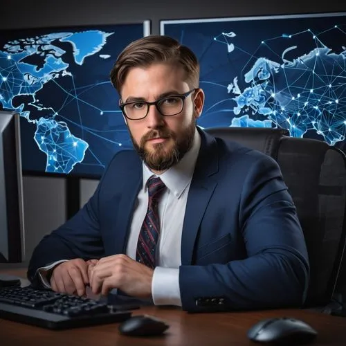 Cybersecurity expert, male, 30s, bespectacled, short brown hair, trimmed beard, formal attire, white shirt, dark blue suit, tie, sitting, office desk, multiple monitors, keyboard, mouse, security came