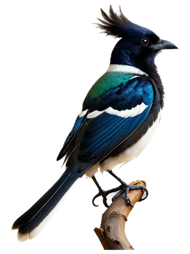 Magpie bird, solo, perched, black and white feathers, iridescent sheen, long tail, sharp beak, bright inquisitive eyes, bushy eyebrows, morning sunlight, soft focus, 3/4 composition, shallow depth of 