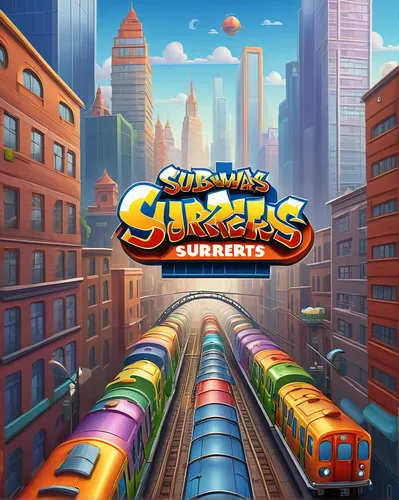 Imagine a Subway Surfers logo set in a bustling cityscape with skyscrapers,surival games 2,subway system,subway,suburb,android game,skytrain,action-adventure game,sky train,suburbs,railway system,game