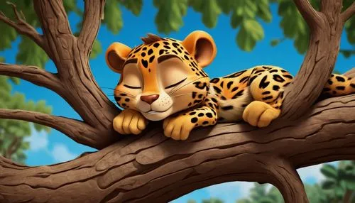 A cartoon leopard sleeping on a tree branch, in the style of Alvin & The Chipmunks.,leopard,african leopard,felidae,cheetahs,cheetah,he is climbing up a tree,cute cartoon image,leopard head,cats in tr