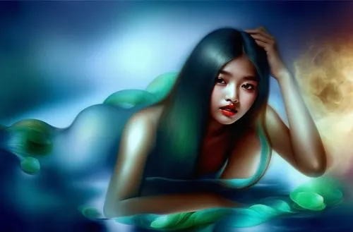 An amazing japanese young woman  with red lips and green eyes
,a young woman with long dark hair posing in water,mermaid background,amphitrite,naiad,dyesebel,water lotus,melusine,Illustration,Realisti