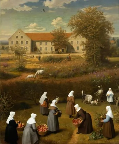 (view from above as in the paintings of Pieter Bruegel, small figures of Catholic nuns in Breton bonnets and kerchiefs, light brown robes and dark brown dresses pick apples from the trees, small gray 