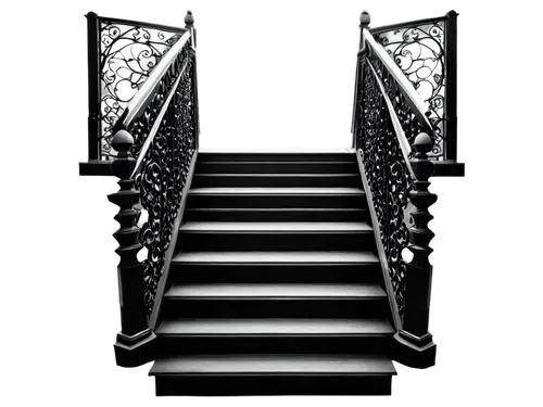 Staircase, monochrome, black and white, geometric shape, symmetrical structure, ornate metal railing, wooden steps, ascending direction, dramatic lighting, high contrast, 3/4 composition, low angle sh