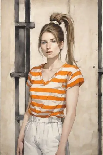 prisoner,portrait of a girl,girl in t-shirt,david bates,young woman,girl in a long,portrait background,horizontal stripes,girl in a historic way,artist portrait,girl portrait,prison,striped background,liberty cotton,isolated t-shirt,orange,oil on canvas,oil painting,woman hanging clothes,girl in overalls,Digital Art,Watercolor