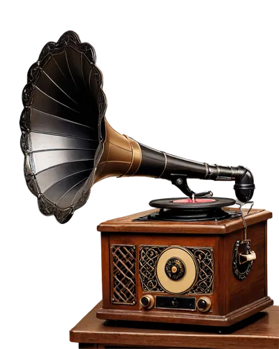 Vintage phonograph, antique wooden cabinet, golden metallic accents, intricate carvings, rounded horns, vinyl records, old-fashioned microphone, warm lighting, soft focus, shallow depth of field, nost