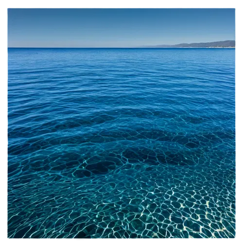 Sparkling clear water, ocean waves, blue undertones, sunlight reflection, ripples on surface, calm atmosphere, shallow depth, 3/4 composition, panoramic view, soft focus, natural lighting, transparent