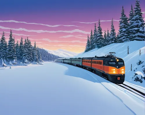 Illustrate a heart-pounding escape route on a speeding train in a snowy landscape.,winter service,santa claus train,intercity train,winter trip,amtrak,intercity express,glacier express,long-distance t