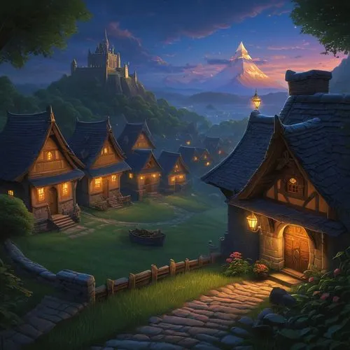 knight village,fantasy picture,alpine village,aurora village,nargothrond,mountain village,Illustration,Realistic Fantasy,Realistic Fantasy 27