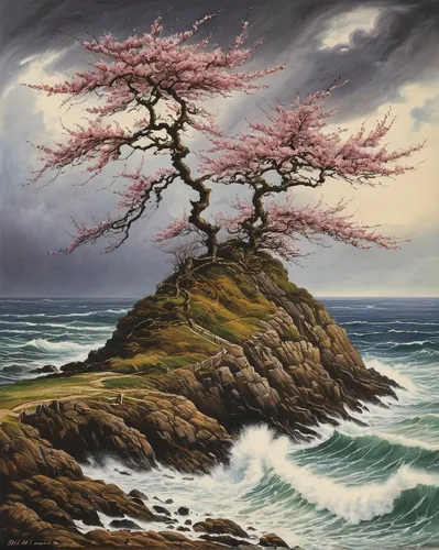 coastal landscape,sea landscape,the japanese tree,landscape with sea,robert duncanson,celtic tree,beach landscape,sakura tree,peach tree,bonsai,flourishing tree,lone tree,isolated tree,rowan-tree,an island far away landscape,cherry blossom tree,rocky coast,oil painting,seascape,blossom tree,Illustration,Retro,Retro 06