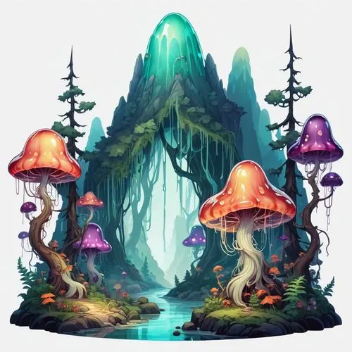 mushroom landscape,mushroom island,fairy village,fairy forest,elven forest,fairy house,Illustration,Abstract Fantasy,Abstract Fantasy 11