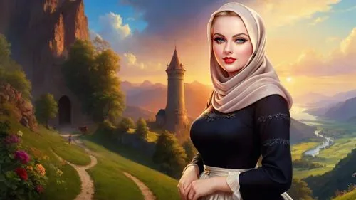 Romantic masterpiece oil painting, beautiful curvy busty woman portrait, silk sarafan dress, curvy MILF, nostalgic 1950's style kitsch, breathtaking beautiful epic vast landscape, majestic scenery, hi