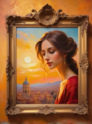 romantic portrait,mona lisa,mary-gold,golden frame,portrait background,rosa ' amber cover,art nouveau frame,rose frame,la violetta,vinci,gold frame,italian painter,world digital painting,beautiful frame,art deco frame,mystical portrait of a girl,copper frame,the mona lisa,fantasy portrait,art painting,Conceptual Art,Daily,Daily 12