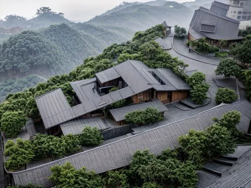 Taiwanese style, on the hill, sky background, slope roof, navy blue tiles roof, red bricks wall,chinese architecture,roof landscape,house in mountains,asian architecture,guizhou,house in the mountains