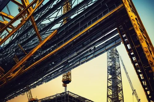 Modern skyscraper, futuristic design, steel beam structure, intricate welding patterns, reflective glass facade, angular architecture, urban cityscape, busy streets, towering crane, construction worke