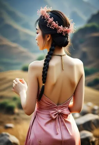 spectacular scene of Ha Giang nature in the background, an elegant Vietnamese lady with long braided black hair wears a tribal electic chic backless dress with Vietnamese tribal pattern in light earth