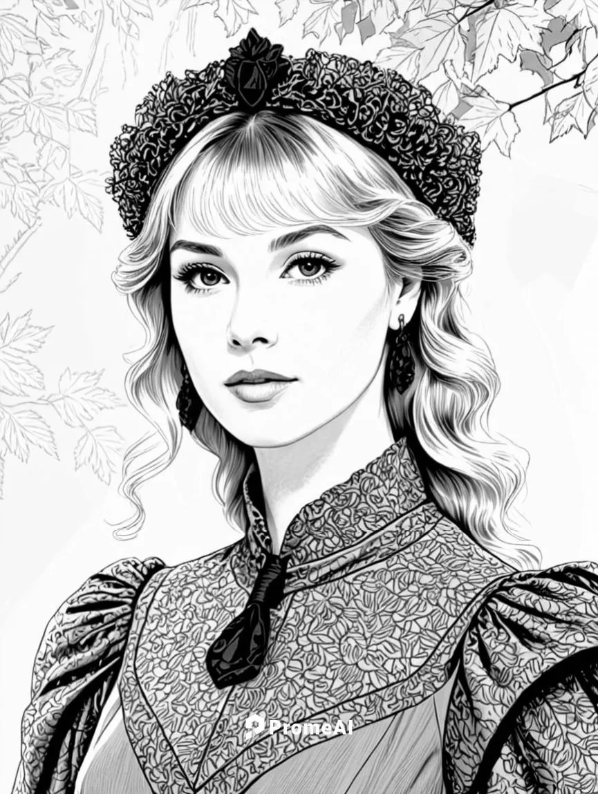 a beautiful woman with long hair and a tia on her head,morgause,margaery,guinevere,eilonwy,margairaz,noblewoman,Design Sketch,Design Sketch,Black and white Comic