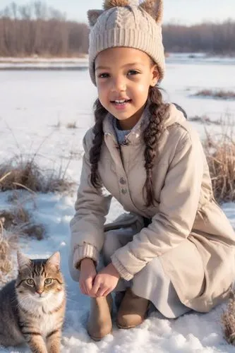 Uma moça linda roupas modernas na neve de roupas de inverno e gorro sorrindo em um campo um lago congelado evantados cabelo longos e cacheado brincando e olhando para um gato, ela está sentada ,girl a