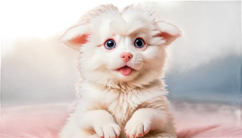 Spot, cute, small, white fur, round eyes, pink nose, floppy ears, sitting, paws together, soft focus, warm light, shallow depth of field, pastel color tone, 3/4 composition, close-up shot.,cute puppy,