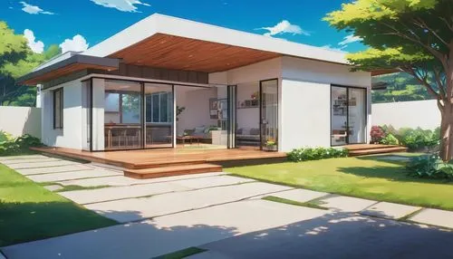 mid century house,modern house,cubic house,electrohome,smart house,eichler,smart home,cube house,bungalow,inverted cottage,mid century modern,grass roof,modern architecture,3d rendering,homebuilding,bungalows,prefabricated buildings,holiday villa,render,prefabricated,Illustration,Japanese style,Japanese Style 03