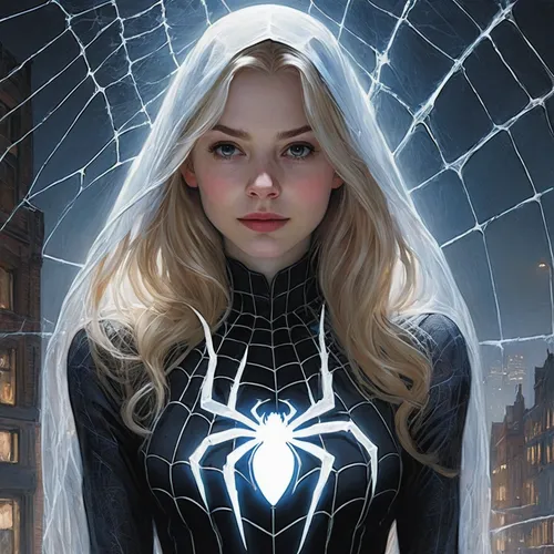 Gwen stacy as ghost spider,spider the golden silk,widow spider,tangle-web spider,spider,spider network,spider silk,spider's web,webbing,arachnid,black widow,walking spider,spiderweb,dark suit,marvels,