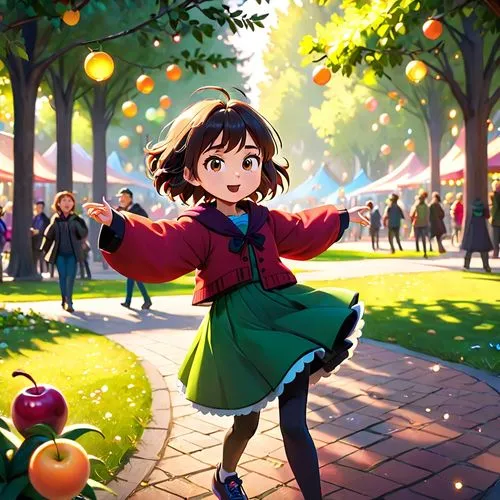 take random fruit, humanize it, maki it dancing in park,southpark style,girl picking apples,french digital background,japanese sakura background,child in park,cg artwork,autumn background,apple world,