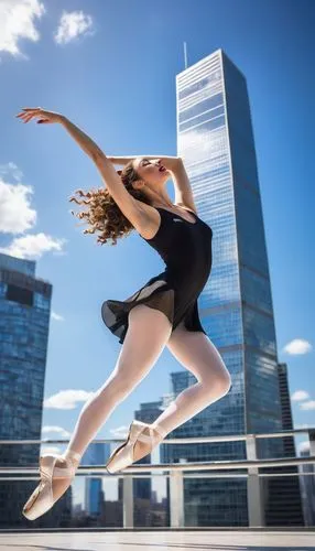 Dynamic female dancer, 20s, curly brown hair, sparkly makeup, sleeveless white leotard, flowy black skirt, pointe shoes, dancing in front of a grand, modern skyscraper, glass and steel structure, urba