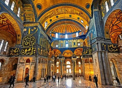 Byzantine church, Hagia Sophia, Istanbul, Turkey, grandiose dome, intricate mosaics, ornate columns, arches, marble floors, golden accents, stained glass windows, grand entrance, tourist attraction, h