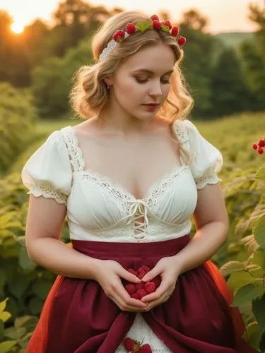 The picture shows a young woman standing in an idyllic natural setting, surrounded by green plants, presumably in a field or garden. The woman is wearing a traditional-looking dress with a white, lace