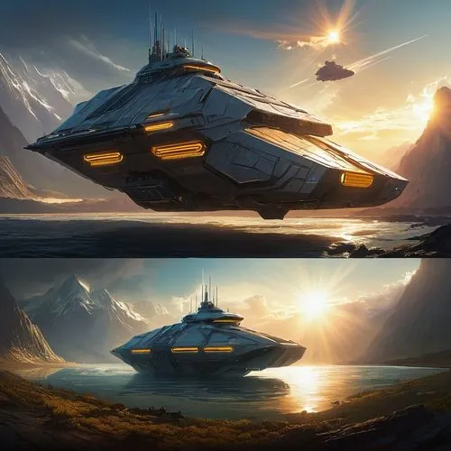 alien ship,dropship,uss voyager,futuristic landscape,airships,space ships,Conceptual Art,Fantasy,Fantasy 09