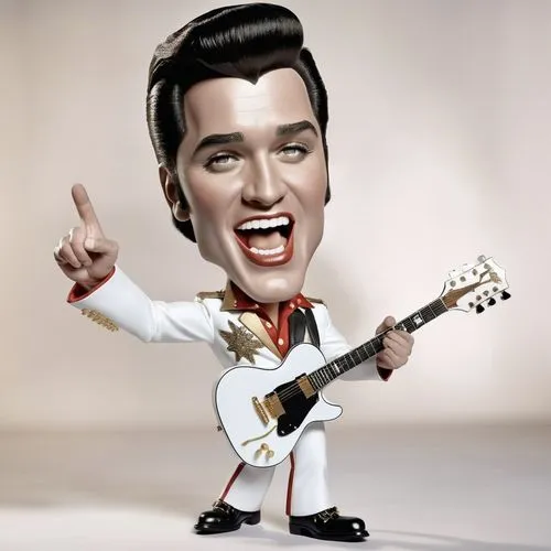 Caricature style drawing of a celebrity, big head, small body, exaggerated facial expressions. A 3D animated character resembling Elvis Presley, wearing a whiteA jumpsuit with red and gold accents, bl