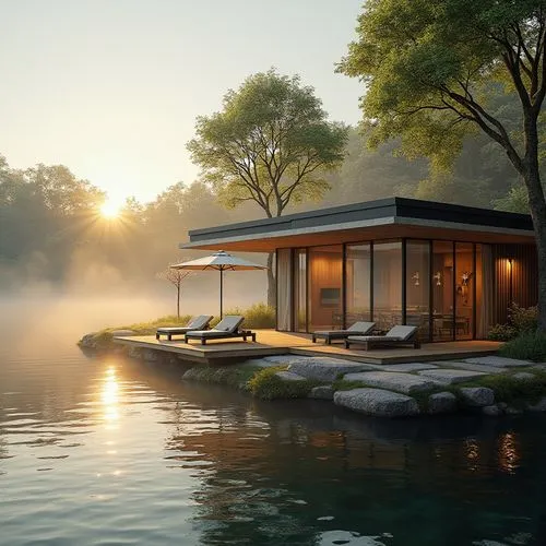 house by the water,floating huts,houseboat,house with lake,floating on the river,pool house,boat house,summer house,floating over lake,boathouse,houseboats,summer cottage,floating island,dreamhouse,mid century house,beautiful home,amanresorts,luxury property,morning mist,lake view,Photography,General,Realistic