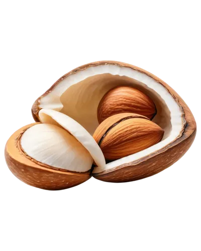 Almond nut, solo, white background, detailed texture, shell cracked open, brown interior, highlighted edges, shallow depth of field, soft natural light, 3/4 composition, warm color tone, cinematic lig