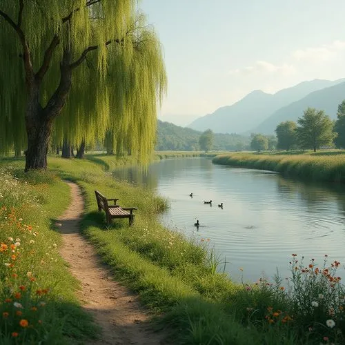 Serenity riverbank, gentle afternoon sunlight, lush greenery, wildflowers blooming in vibrant colors, weeping willows swaying near the calm water's edge, a narrow dirt path meandering alongside the ri