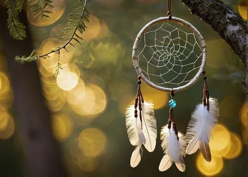 dream catcher, Native American, mystical, sacred, feathers, web-like pattern, circular shape, delicate threads, sparkling beads, hanging from a tree branch, gentle wind blowing, sunny day, forest, nat