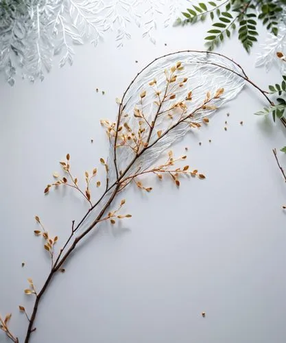 A made of metal sheet with branches against a white background ,some white flowers are placed next to leaves,snowflake background,white floral background,christmas snowy background,birch tree backgrou